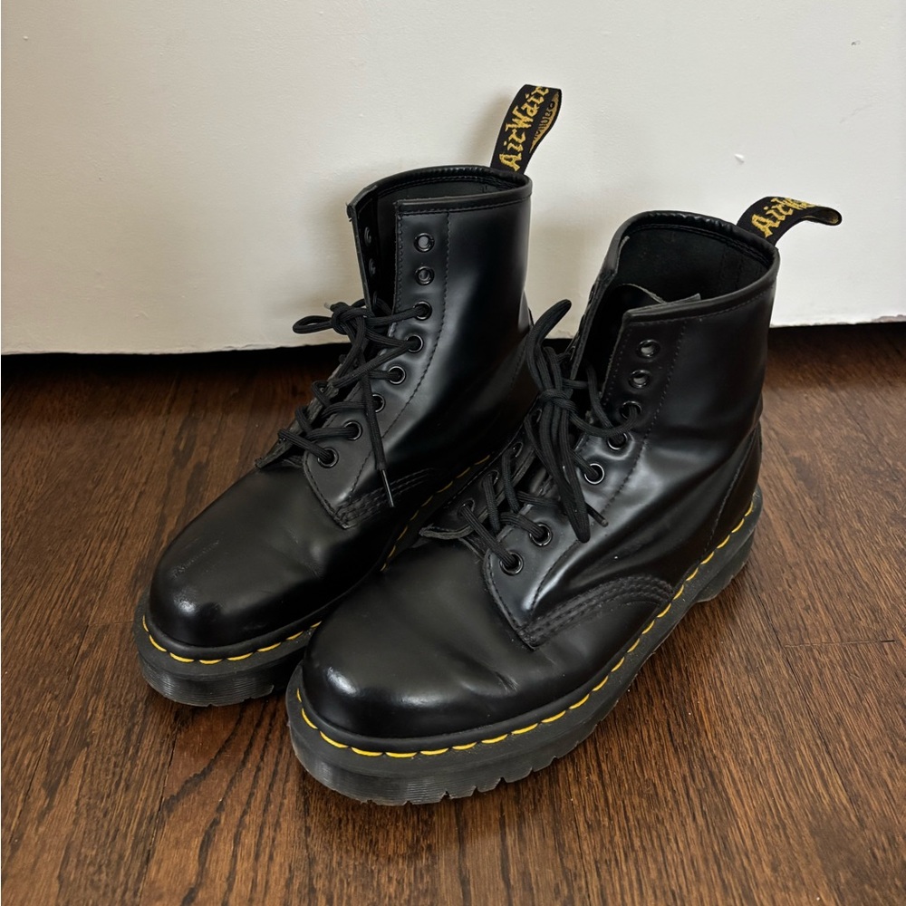 Dr. Martens Bex Black Combat Boots with Yellow Stitching